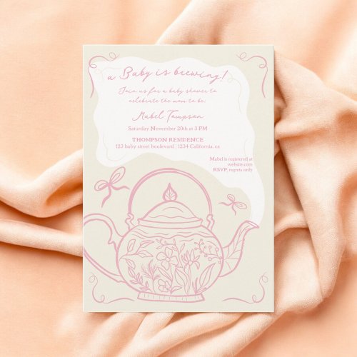 Retro pink bows teapot baby is brewing Baby shower Invitation