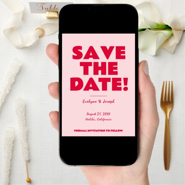 Retro Pink Bright Funky Bold Modern Photo Wedding Save The Date (Front Digital)