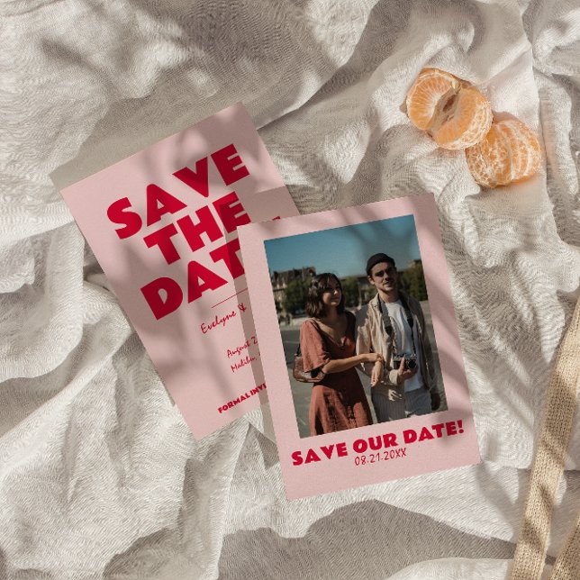 Retro Pink Bright Funky Bold Modern Photo Wedding Save The Date (Creator Uploaded)