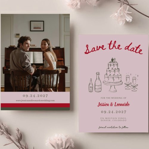 Retro Pink Bright Funky Chic Modern Photo Wedding Save The Date