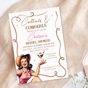 Retro Pink Brown Cocktails Cowgirls Bridal Shower Invitation