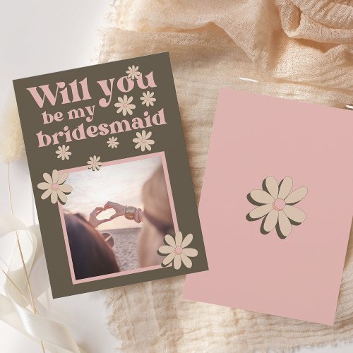 Retro Pink Brown Photo Groovy Bridesmaid Proposal Invitation