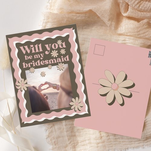 Retro Pink Brown Photo Wavey Bridesmaid Proposal  Postcard