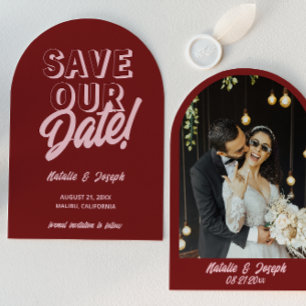 Retro Pink Burgundy Arched Unique Photo Wedding Save The Date