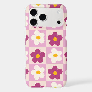Retro Pink & Burgundy Flower Checkerboard Pattern Iphone 18 Pro Max Case