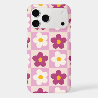 Retro Pink & Burgundy Flower Checkerboard Pattern Iphone 18 Pro Max Case