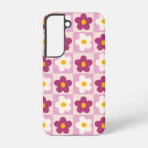 Retro Pink & Burgundy Flower Checkerboard Pattern