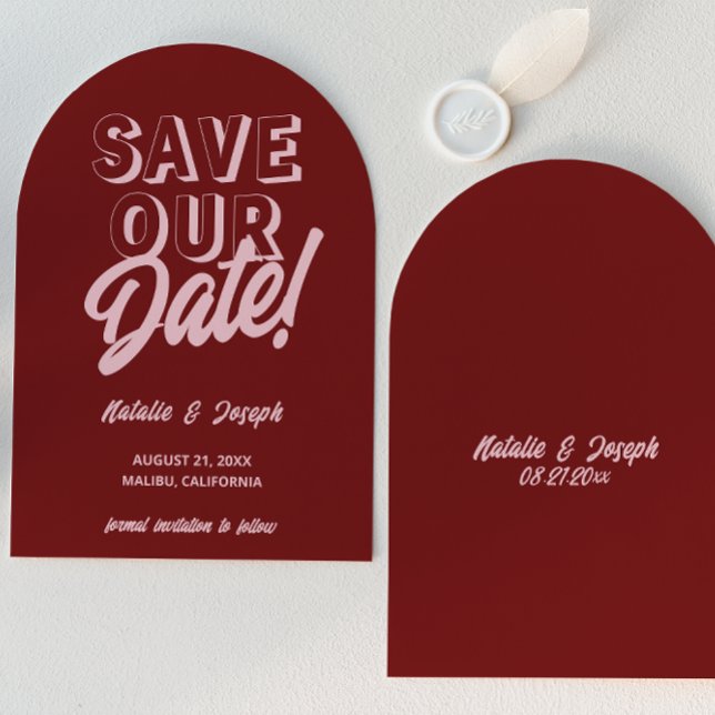 Retro Pink Burgundy Unique Funky Arched Wedding Save The Date (Creator Uploaded)