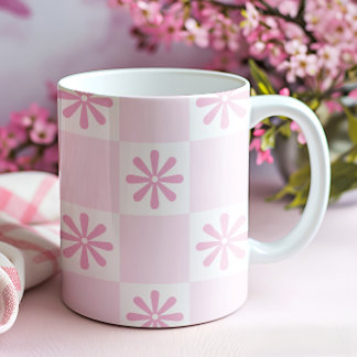 Retro Pink Checker Checkered Floral Pattern Coffee Mug