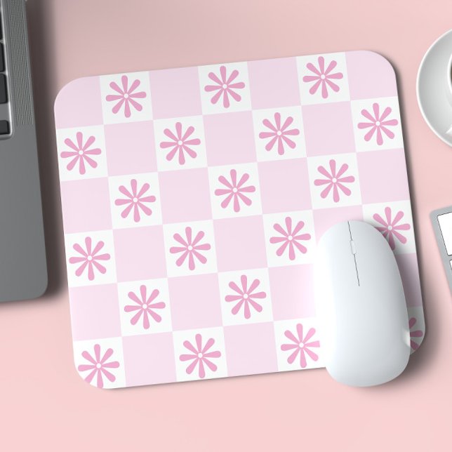 Retro Pink Checker Checkered Floral Pattern Mouse Pad (Creator Uploaded)