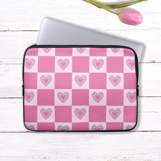 Retro Pink Checker Checkered Heart Pattern Laptop Sleeve (Creator Uploaded)