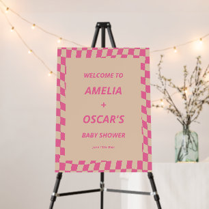 Retro Pink Checkerboard Baby Shower Welcome Sign