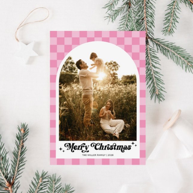 Retro Pink Checkered Arch Family Photo Holiday Card (Retro Pink Checkered Family Photo Christmas Card)