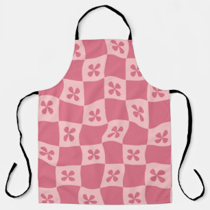 Retro Pink Checkered Floral Pattern Apron