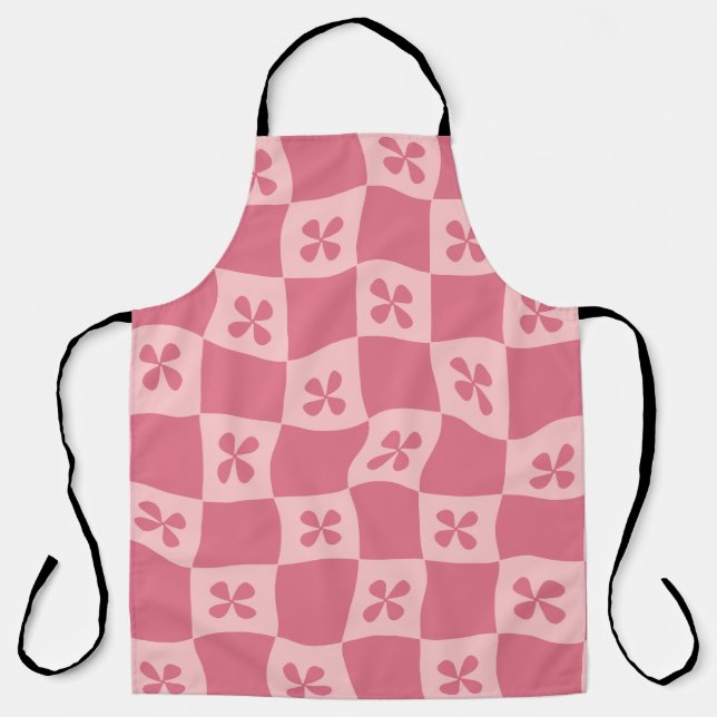 Retro Pink Checkered Floral Pattern Apron (Front)