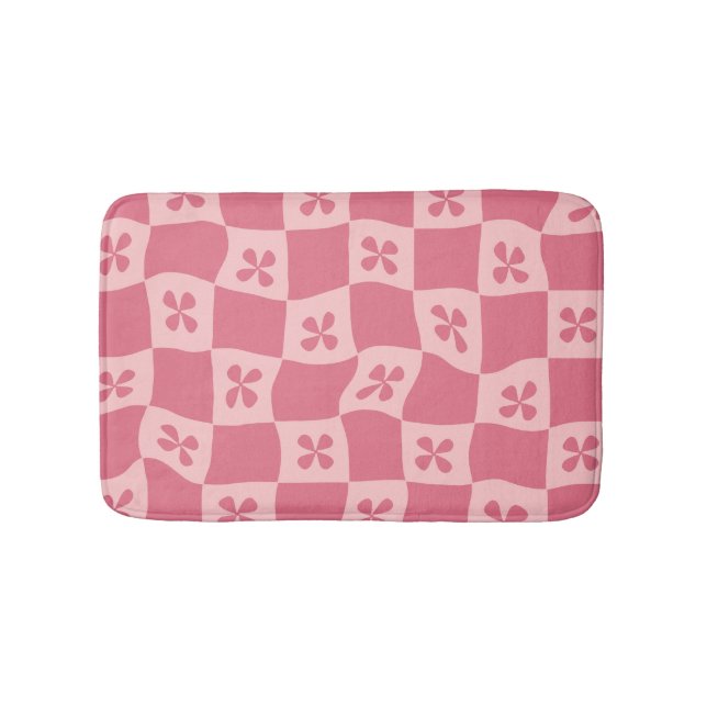 Retro Pink Checkered Floral Pattern Bath Mat (Front)