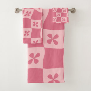 Retro Pink Checkered Floral Pattern Bath Towel Set