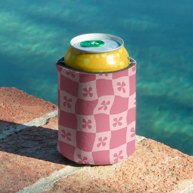 Retro Pink Checkered Floral Pattern Can Cooler (In Situ Pool)
