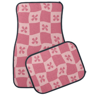 Retro Pink Checkered Floral Pattern Car Floor Mat