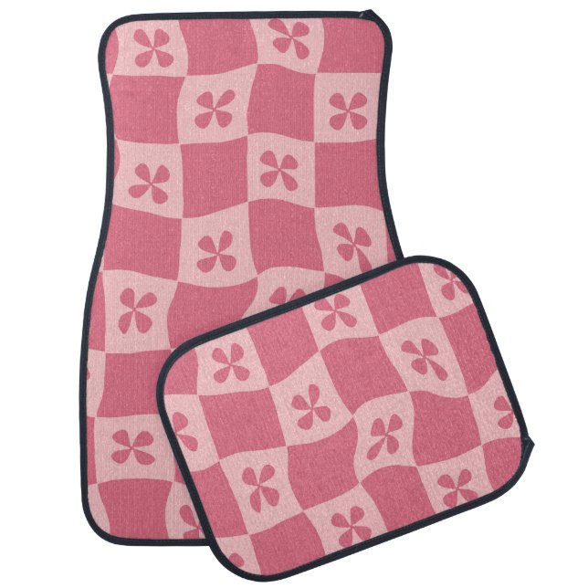 Retro Pink Checkered Floral Pattern Car Floor Mat (Set)