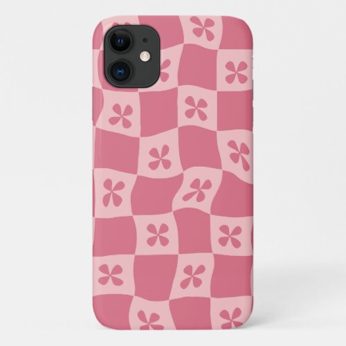 Retro Pink Checkered Floral Pattern iPhone 11 Case