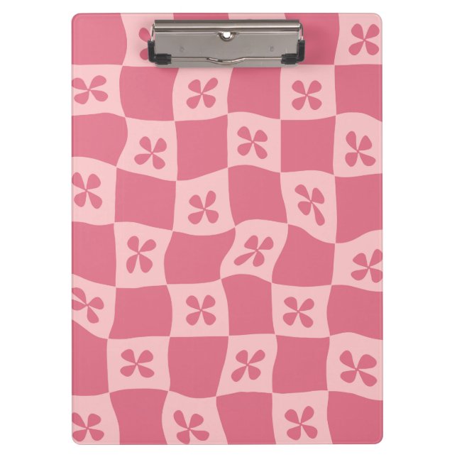 Retro Pink Checkered Floral Pattern Clipboard (Front)