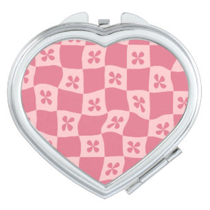 Retro Pink Checkered Floral Pattern Compact Mirror