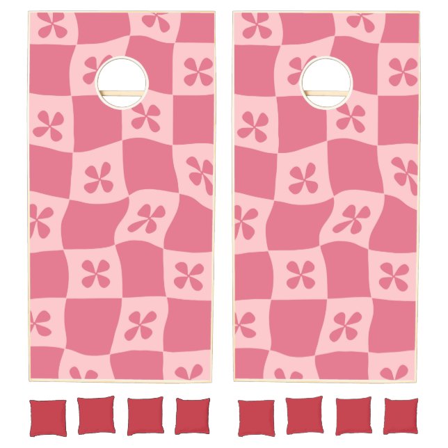 Retro Pink Checkered Floral Pattern Cornhole Set (Set)