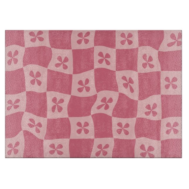 Retro Pink Checkered Floral Pattern Cutting Board (Front)