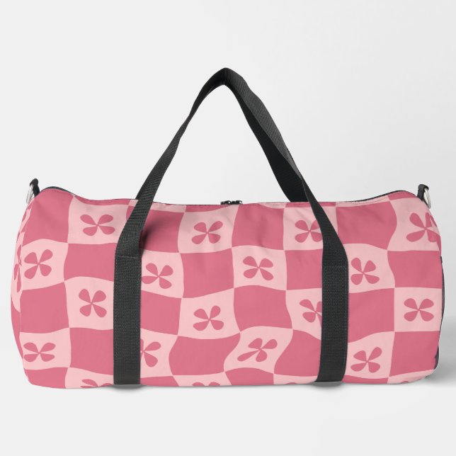 Retro Pink Checkered Floral Pattern Duffle Bag (Front)