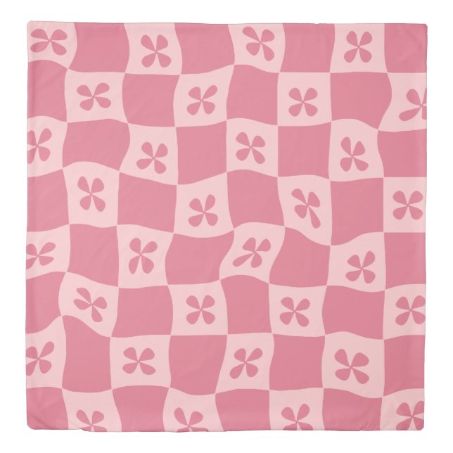 Retro Pink Checkered Floral Pattern Duvet Cover (Front)
