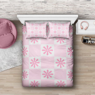 Retro Pink Checkered Floral Pattern Duvet Cover