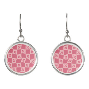 Retro Pink Checkered Floral Pattern Earrings