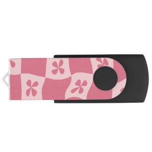 Retro Pink Checkered Floral Pattern Flash Drive