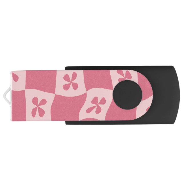 Retro Pink Checkered Floral Pattern Flash Drive (Back)