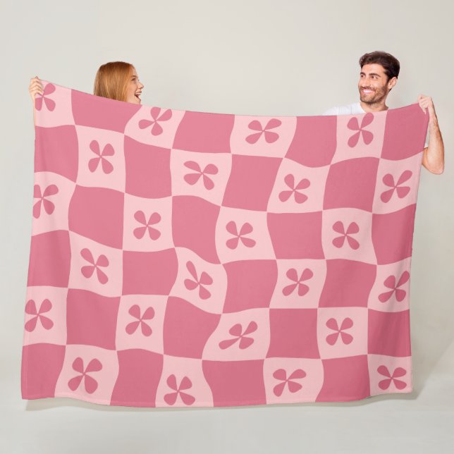 Retro Pink Checkered Floral Pattern Fleece Blanket (In Situ)