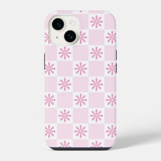 Retro Pink Checkered Floral Pattern Iphone Case (Back)