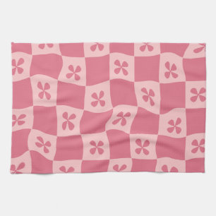 Retro Pink Checkered Floral Pattern Kitchen Towel