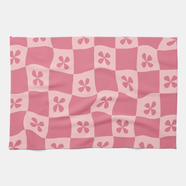 Retro Pink Checkered Floral Pattern Kitchen Towel (Horizontal)