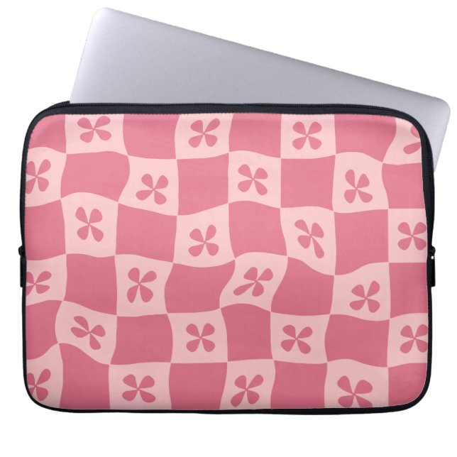 Retro Pink Checkered Floral Pattern Laptop Sleeve (Front)