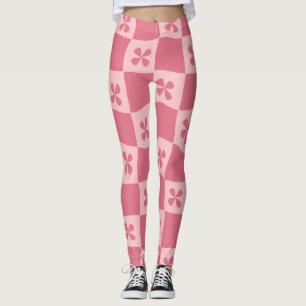 Retro Pink Checkered Floral Pattern Leggings