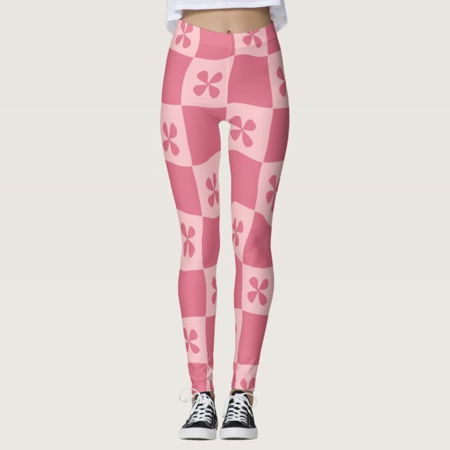 Retro Pink Checkered Floral Pattern Leggings (Front)