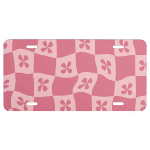 Retro Pink Checkered Floral Pattern License Plate