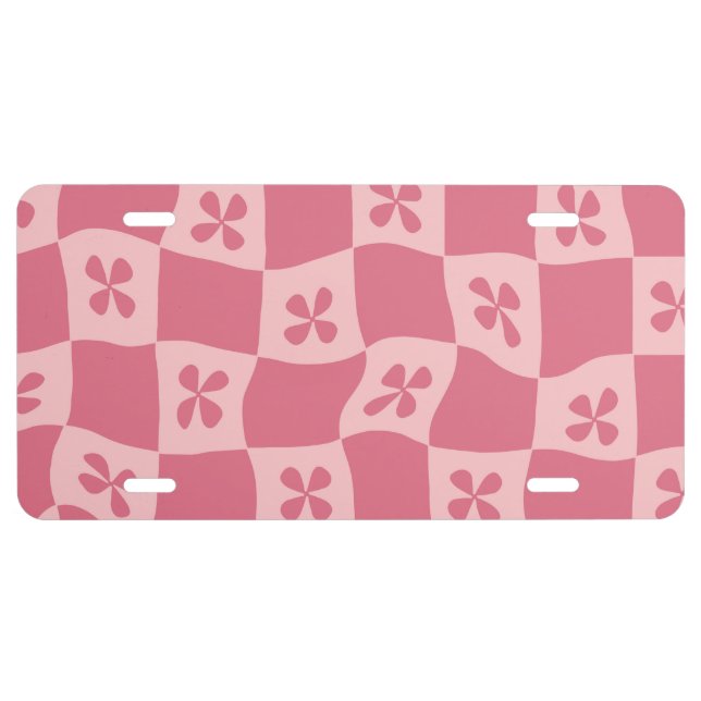Retro Pink Checkered Floral Pattern License Plate (Front)