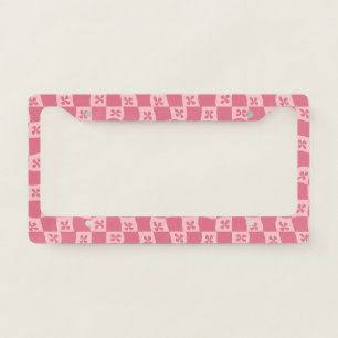 Retro Pink Checkered Floral Pattern License Plate Frame