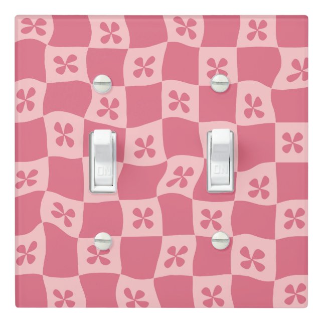 Retro Pink Checkered Floral Pattern Light Switch Cover (In Situ)