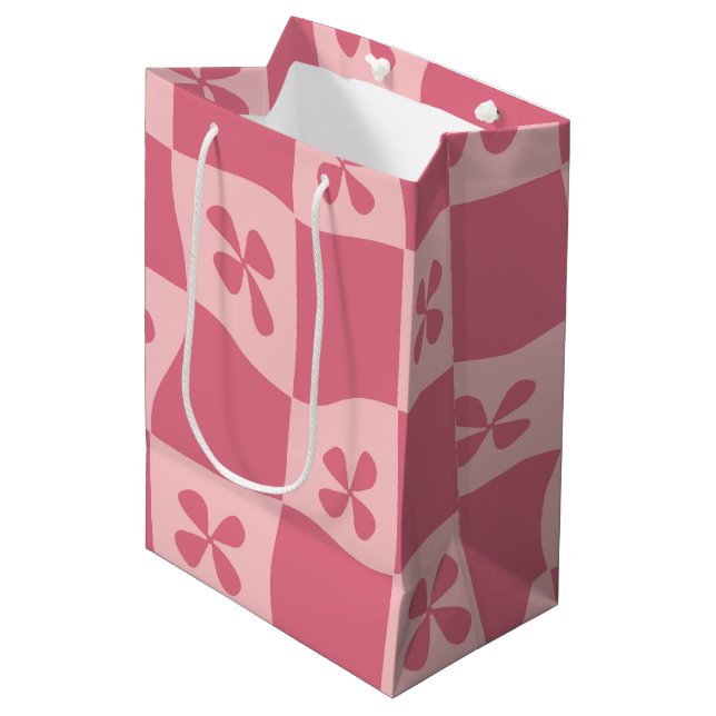 Retro Pink Checkered Floral Pattern Medium Gift Bag (Front Angled)