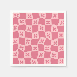 Retro Pink Checkered Floral Pattern Napkins