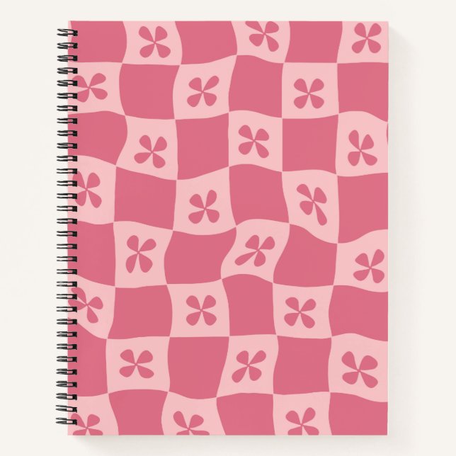 Retro Pink Checkered Floral Pattern Notebook (Front)