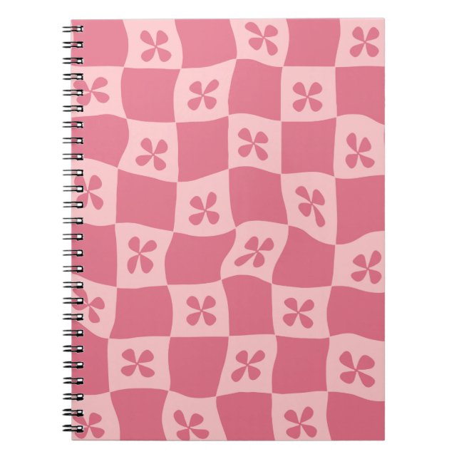 Retro Pink Checkered Floral Pattern Notebook (Front)